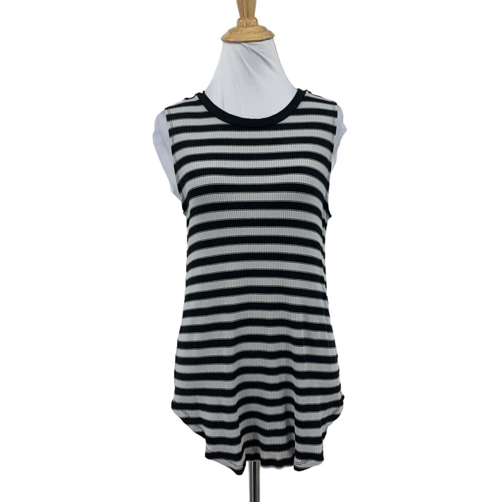 Michael Stars Tank Top Womens OS One Size Black Gray Striped Ribbed Curved Hem